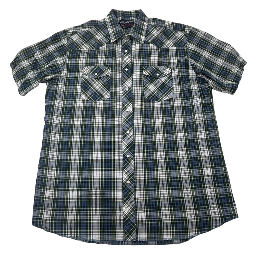 Wrangler Western Plaid Shirt Mens XL Long Tails 17.5 Short Sleeve Snap Front - Picture 3 of 12